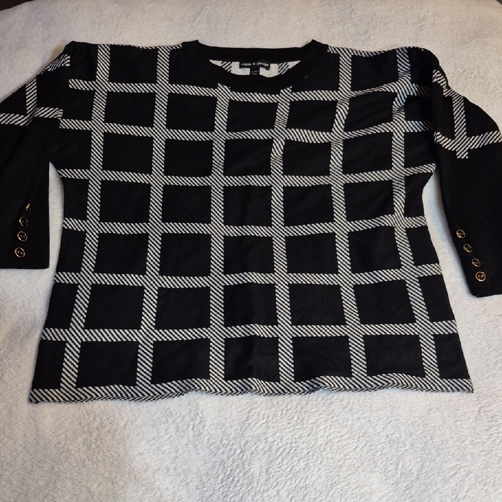Cable & Gauge Black and White Windowpane Knit Top Sz. XL